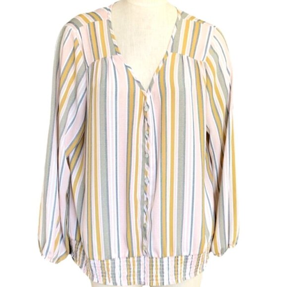 Apt 9 Womens Plus Sz XXL V-neck Striped Blouse Multicolor Smocked Waist #85A - Picture 2 of 7